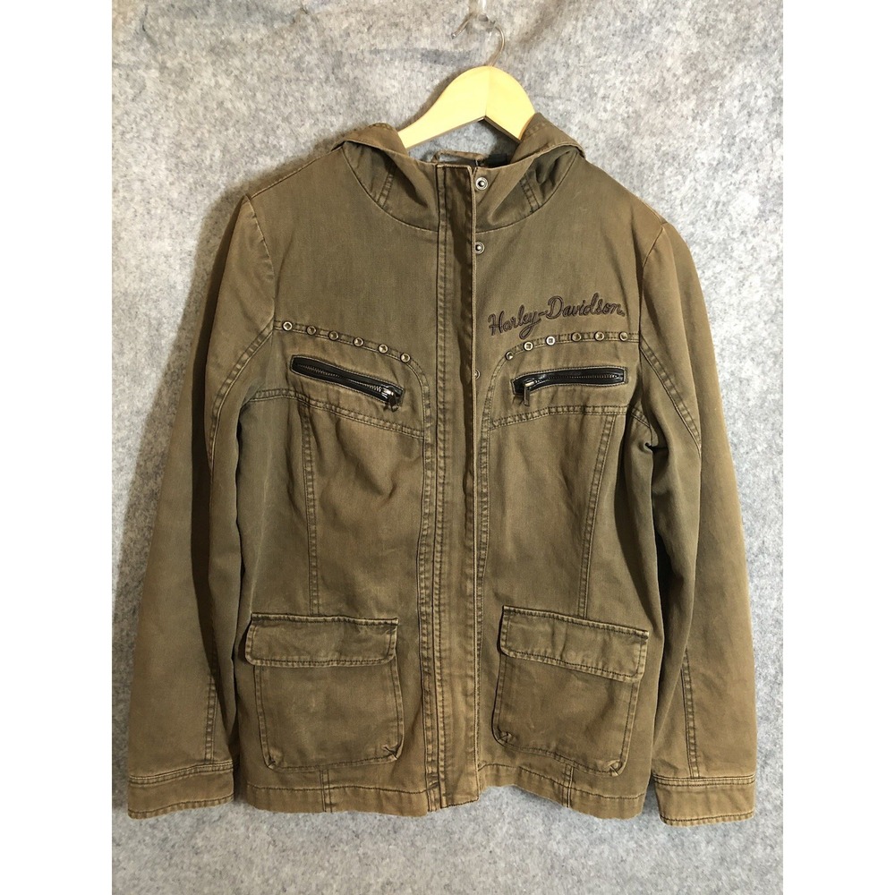 Harley-Davidson Jacket Womens Medium Brown Rugged Over Dyed Hooded Logo Lined